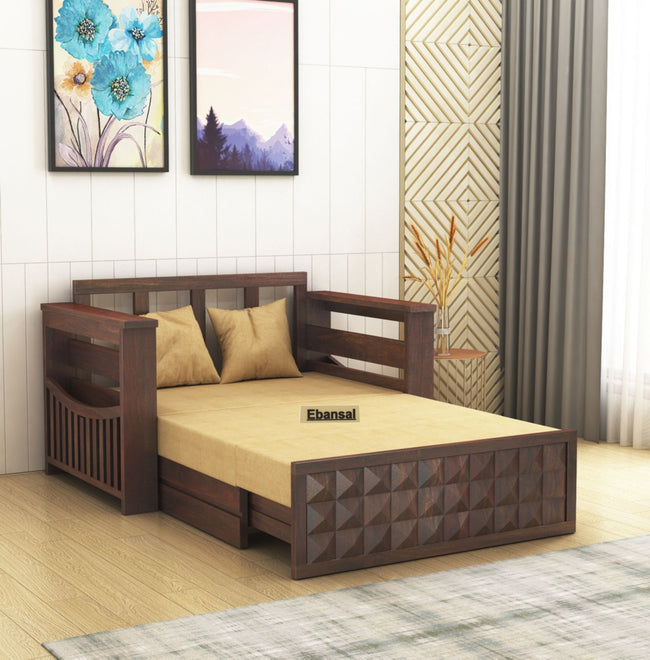 Sofia Solid Sheesham Wood 2 Seater Sofa Cum Bed (Walnut Finish)