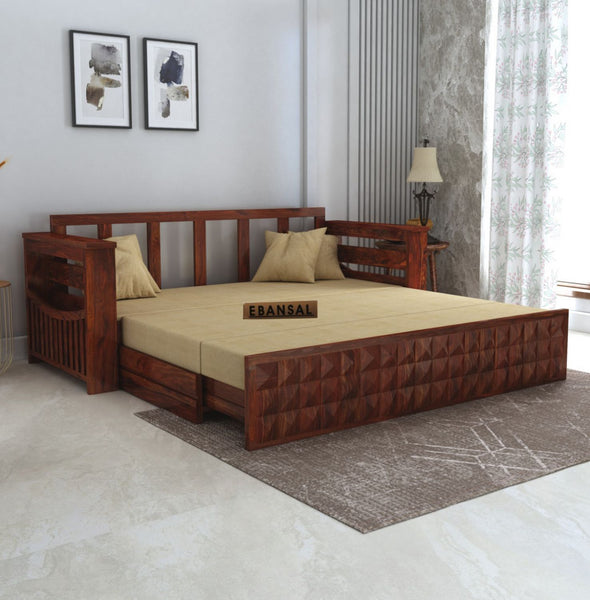Sofia Solid Sheesham Wood 3 Seater Sofa Cum Bed (Natural Finish)