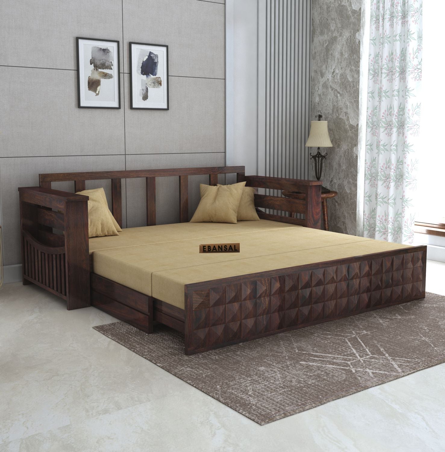 Sofia Solid Sheesham Wood 3 Seater Sofa Cum Bed (Walnut Finish)