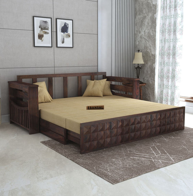 Sofia Solid Sheesham Wood 3 Seater Sofa Cum Bed (Walnut Finish)