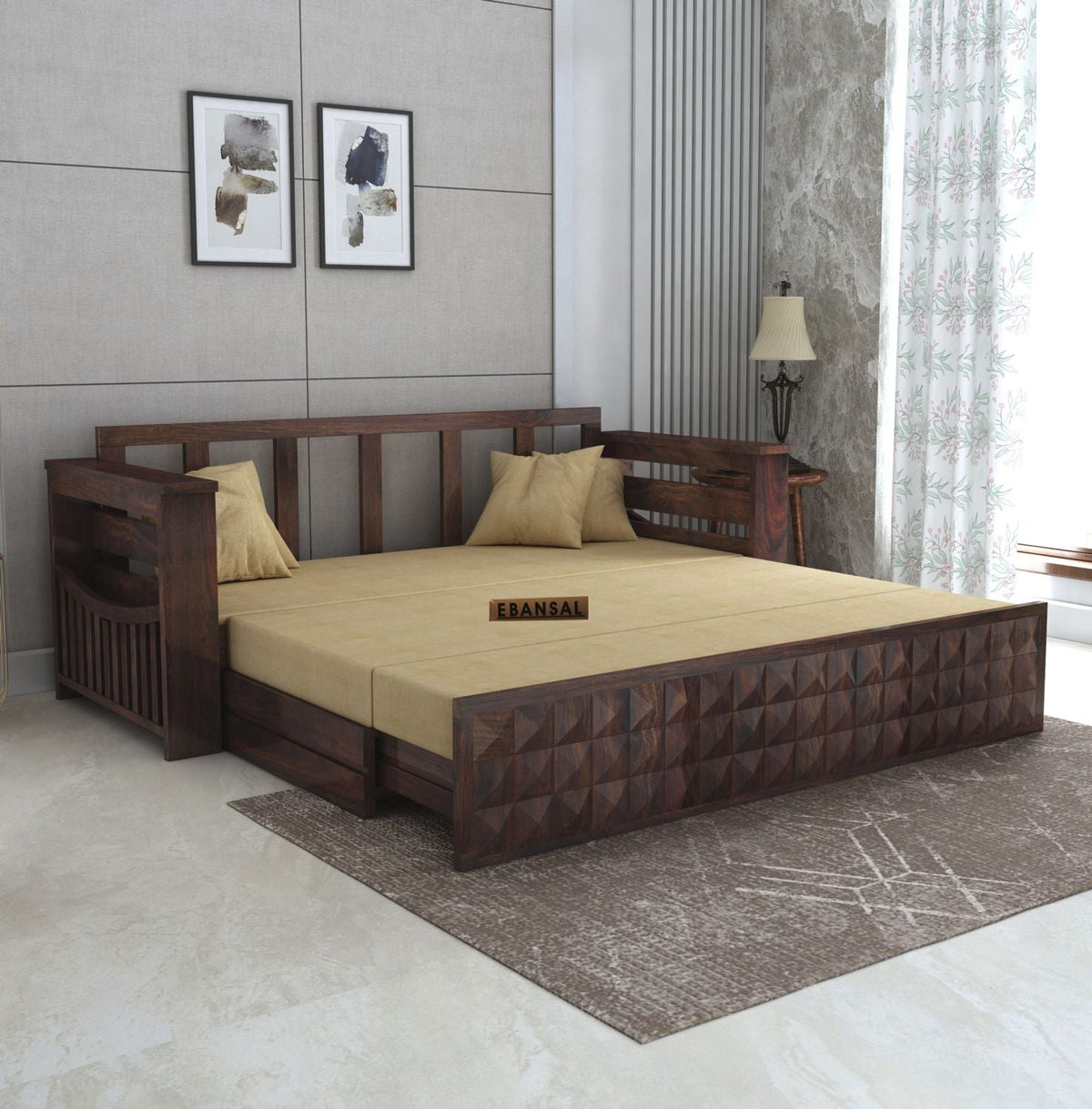 Sofia Solid Sheesham Wood 3 Seater Sofa Cum Bed (Walnut Finish)