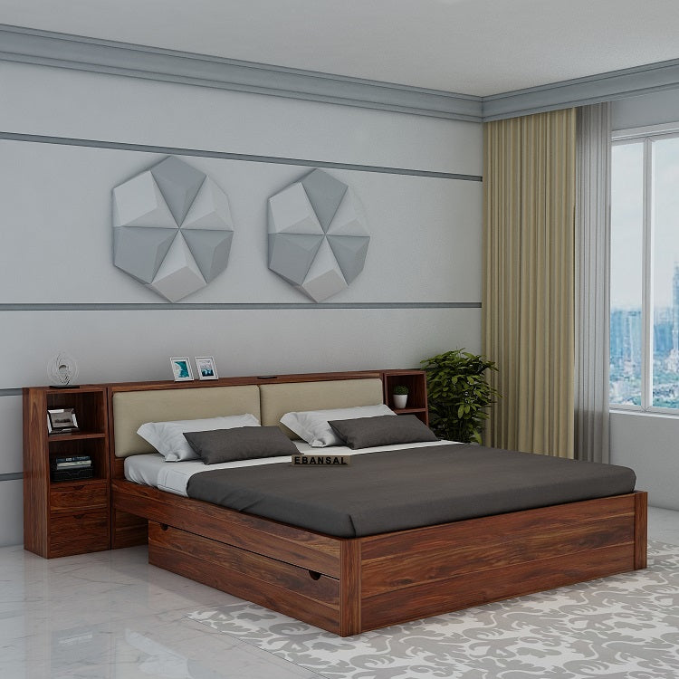 Solid Sheesham Wood Lumin Bed With Drawer Storage With Side Storage