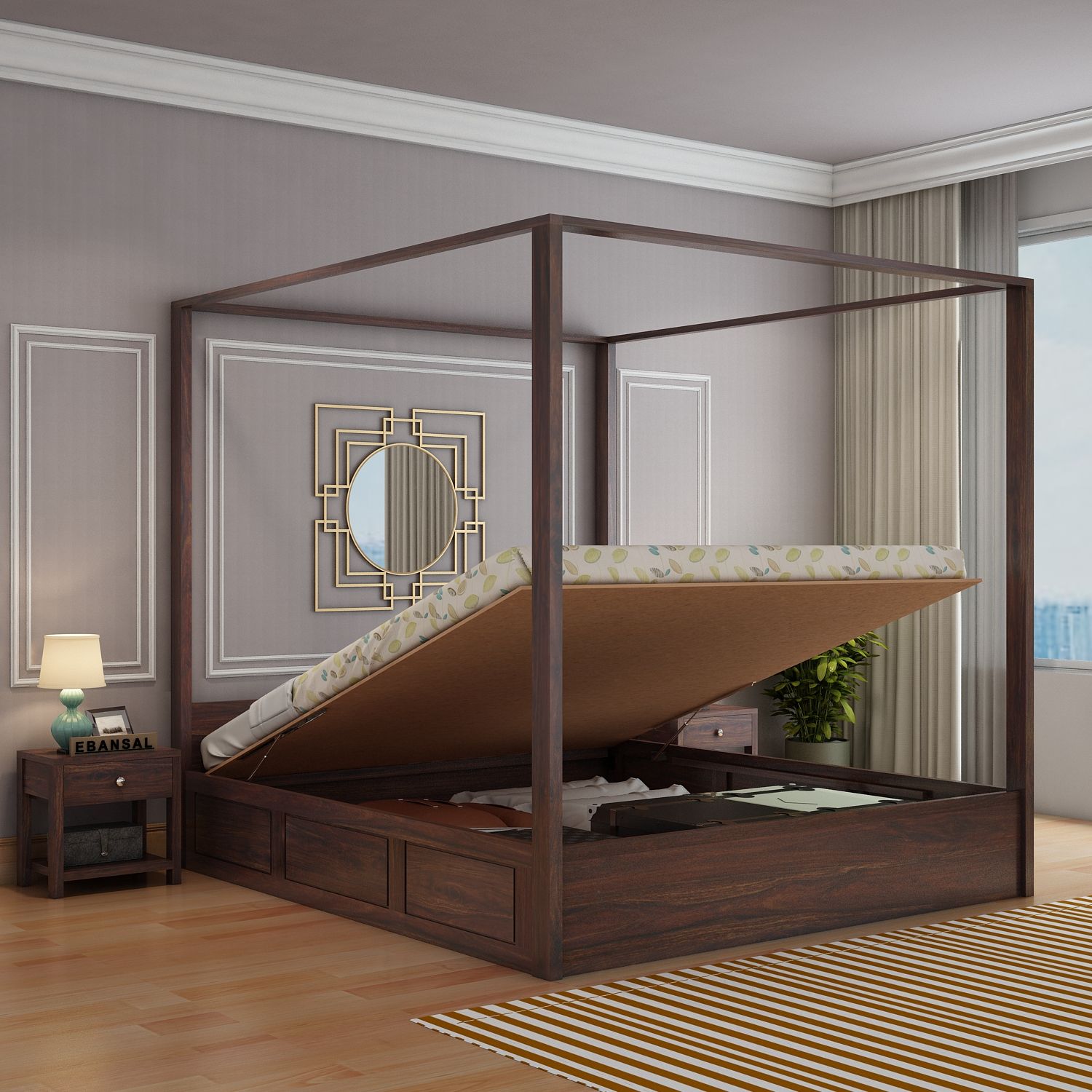Solivo Solid Sheesham Wood Hydraulic Poster Bed With Box Storage (Queen Size, Walnut Finish)