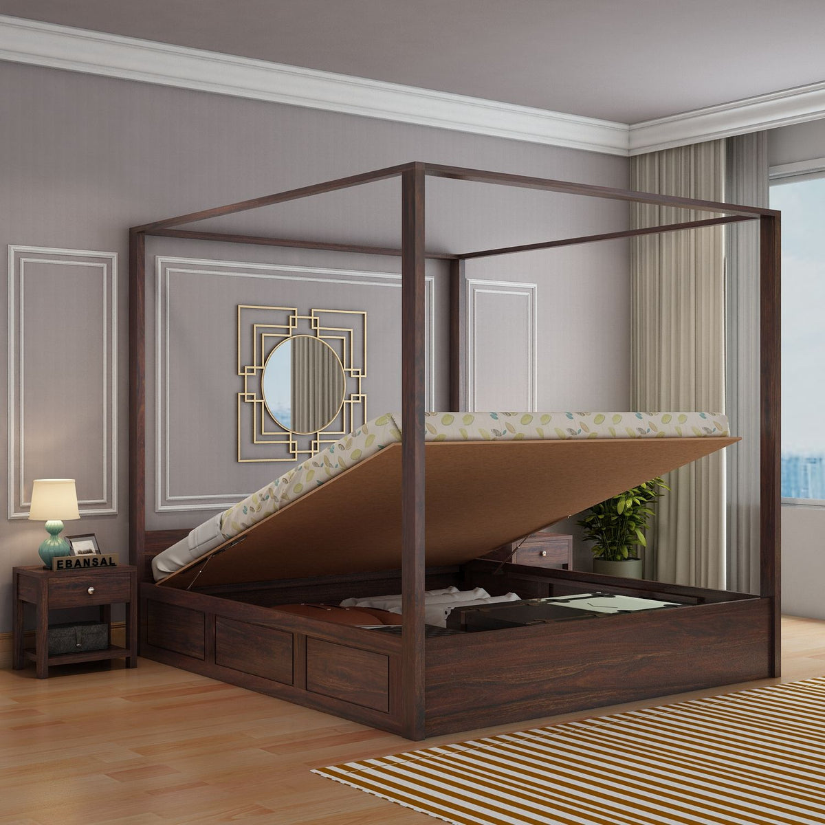 Solivo Solid Sheesham Wood Hydraulic Poster Bed With Box Storage (Queen Size, Walnut Finish)