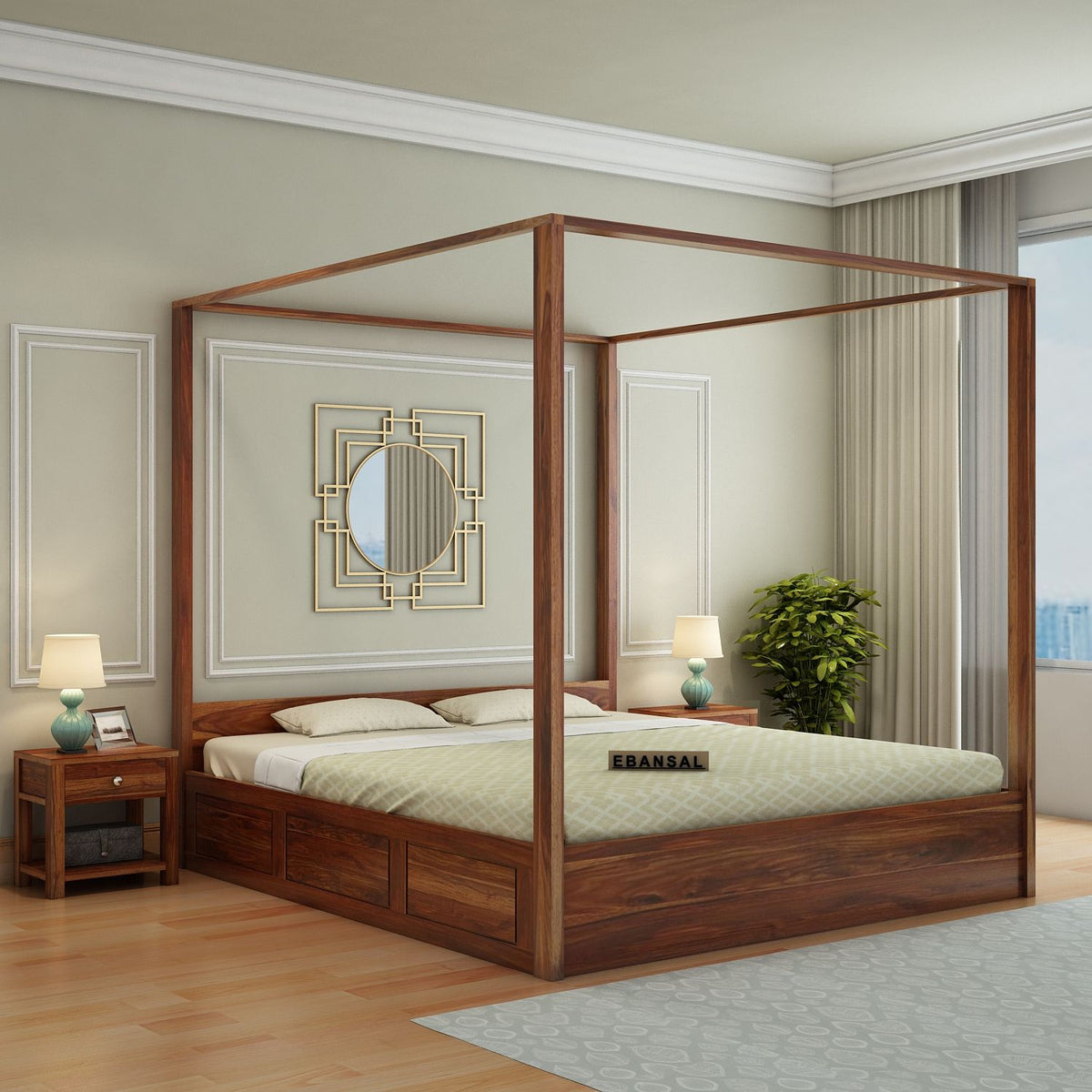 Solivo Solid Sheesham Wood Poster Bed With Box Storage (Queen Size, Natural Finish)