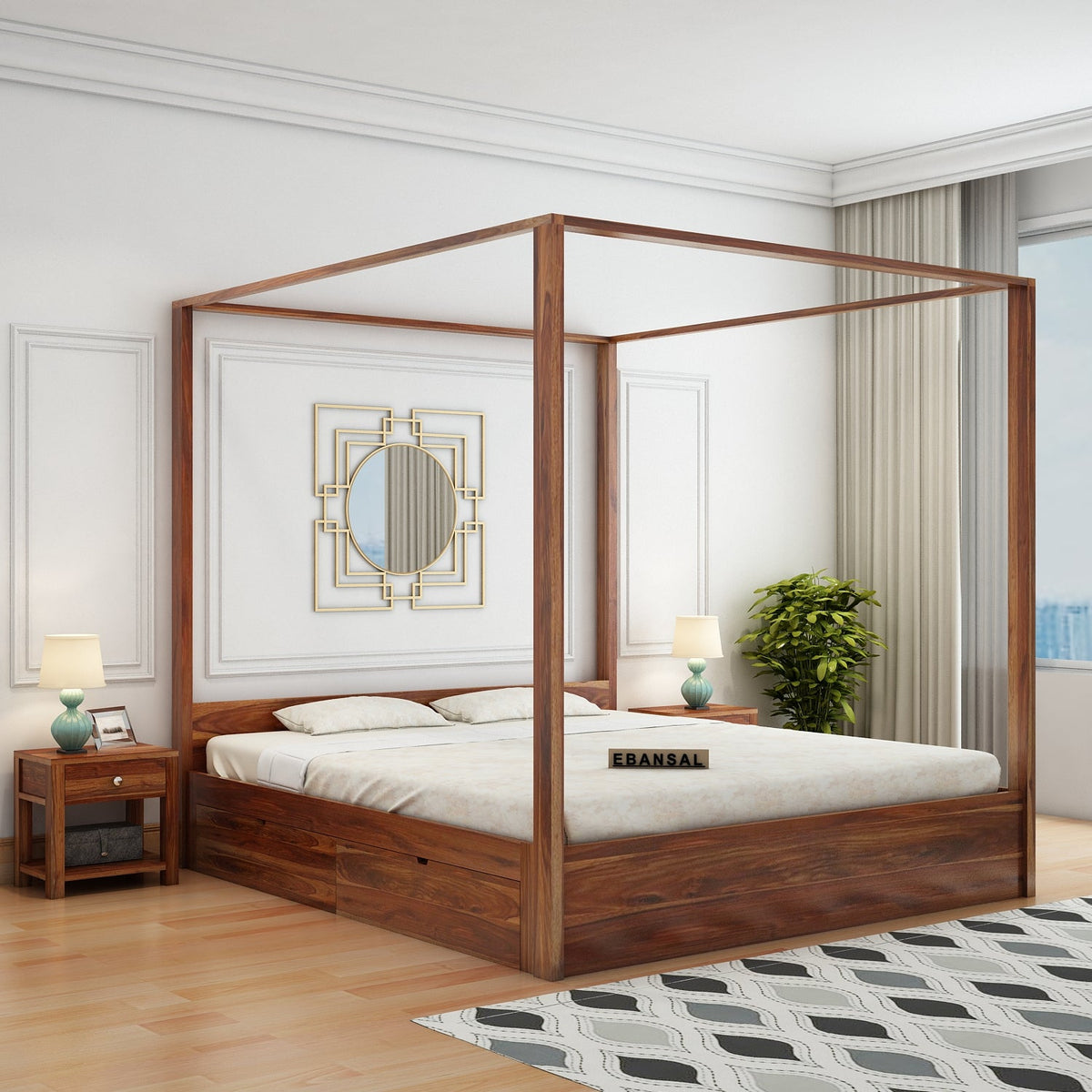 Solivo Solid Sheesham Wood Poster Bed With Four Drawers (King Size, Natural Finish)