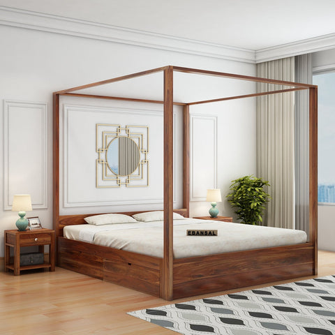 Solivo Solid Sheesham Wood Poster Bed With Four Drawers (King Size, Natural Finish)