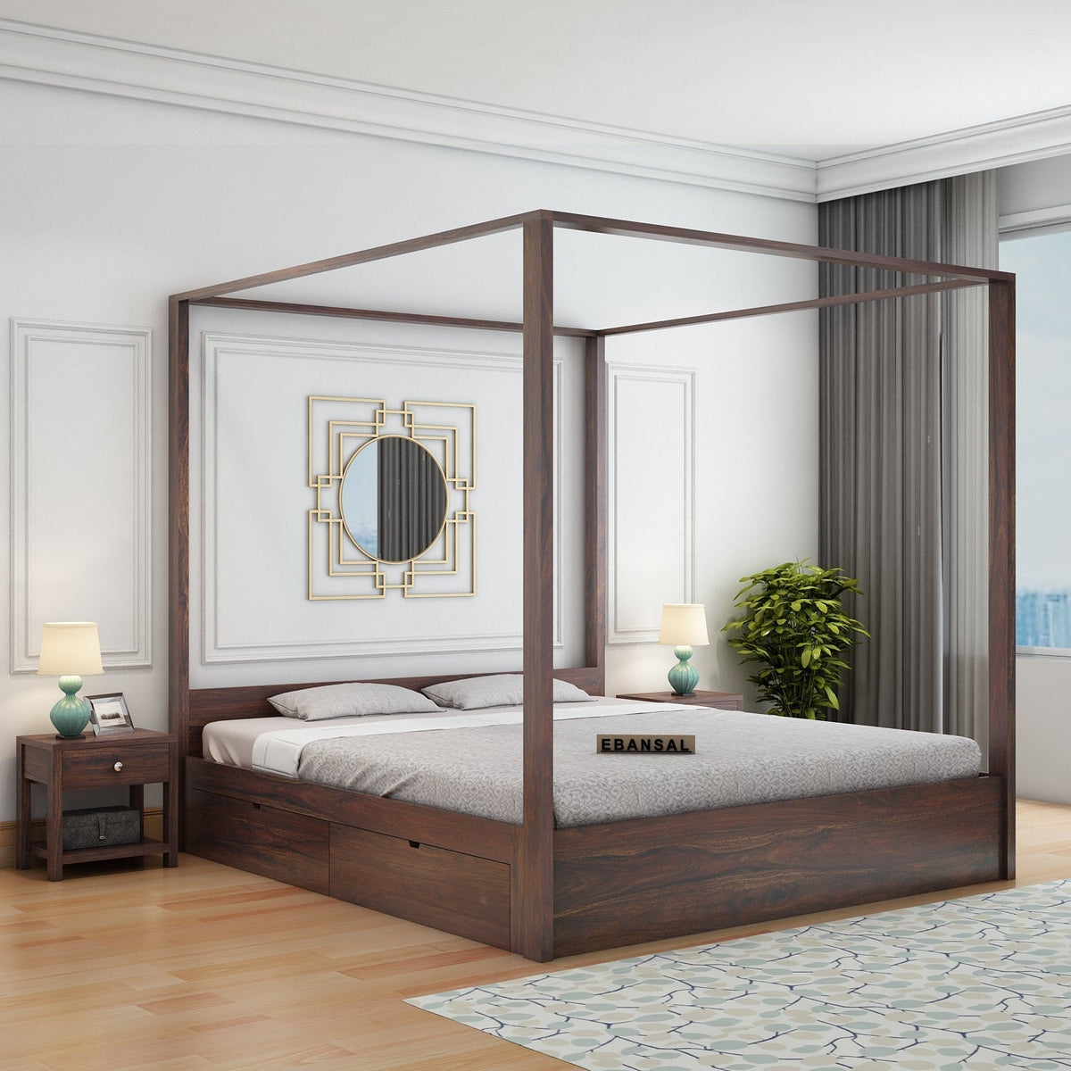 Solivo Solid Sheesham Wood Poster Bed With Four Drawers (Queen Size, Walnut Finish)