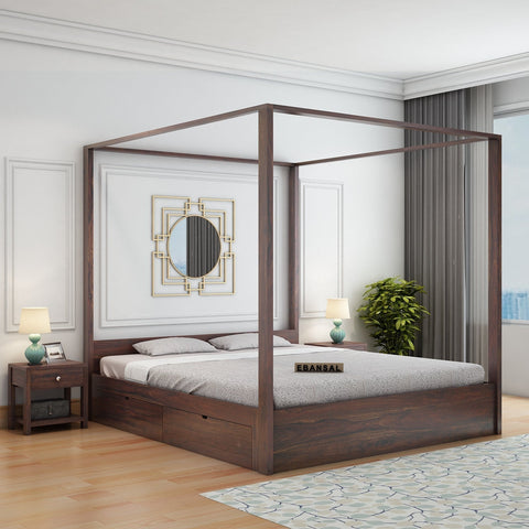 Solivo Solid Sheesham Wood Poster Bed With Four Drawers (Queen Size, Walnut Finish)