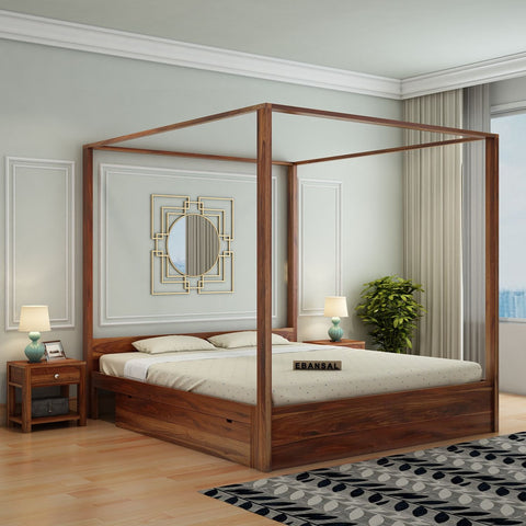 Solivo Solid Sheesham Wood Poster Bed With Two Drawers (Queen Size, Natural Finish)