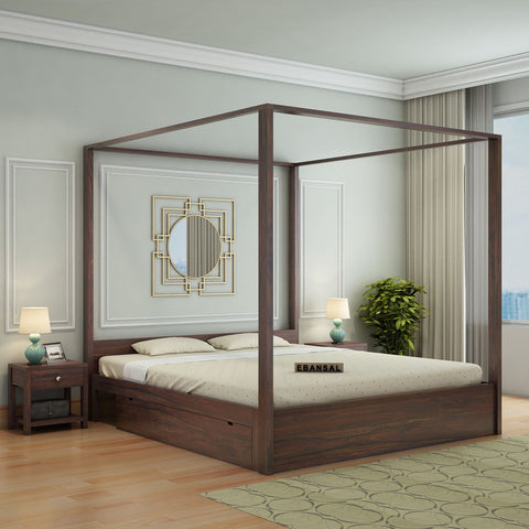 Solivo Solid Sheesham Wood Poster Bed With Two Drawers (Queen Size, Walnut Finish)