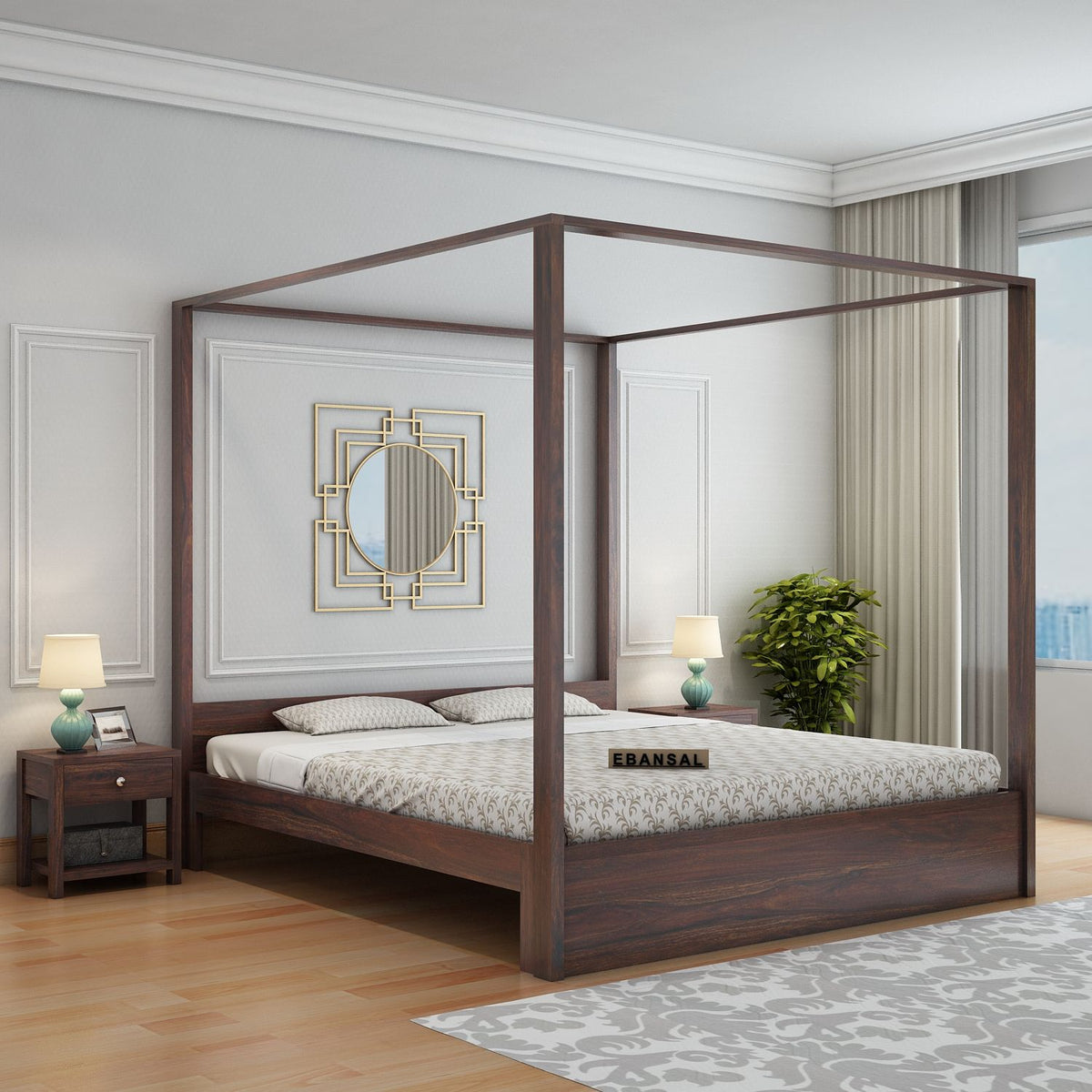 Solivo Solid Sheesham Wood Poster Bed Without Storage (Queen Size, Walnut Finish)