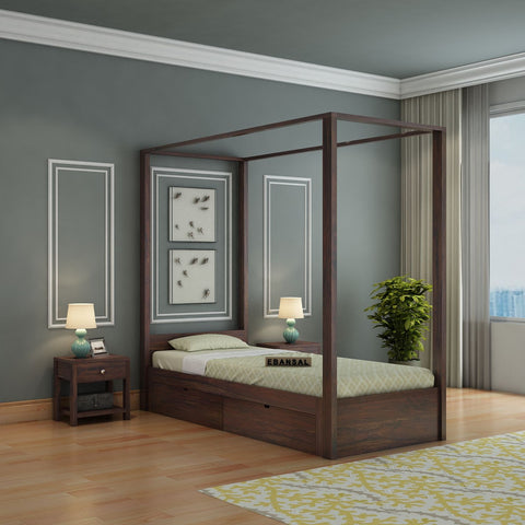 Solivo Solid Sheesham Wood Single Poster Bed With Two Drawers (Walnut Finish)