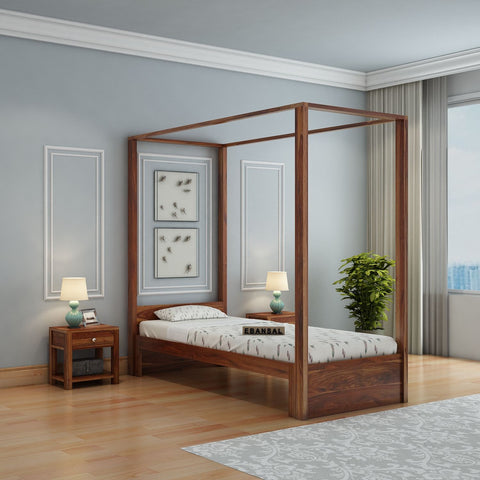 Solivo Solid Sheesham Wood Single Poster Bed Without Storage (Natural Finish)