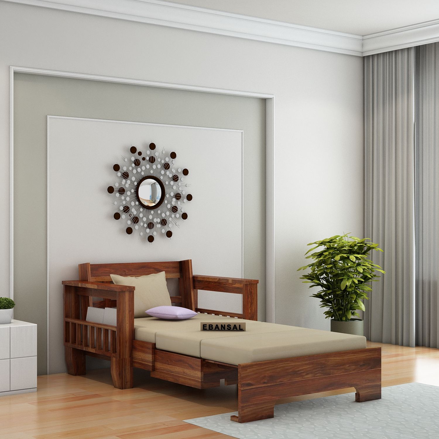 Trinity Solid Sheesham Wood 2 Seater Sofa Cum Bed (Natural Finish)