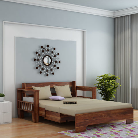 Trinity Solid Sheesham Wood 3 Seater Sofa Cum Bed (Natural Finish)