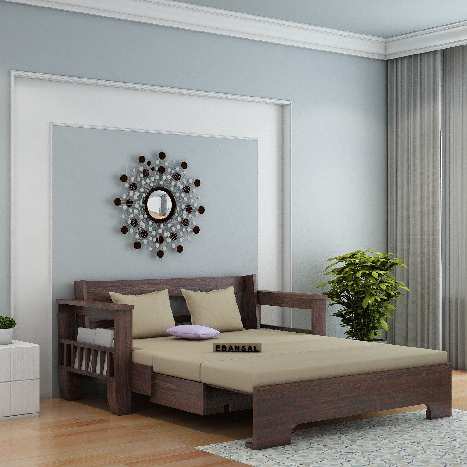 Trinity Solid Sheesham Wood 3 Seater Sofa Cum Bed (Walnut Finish)