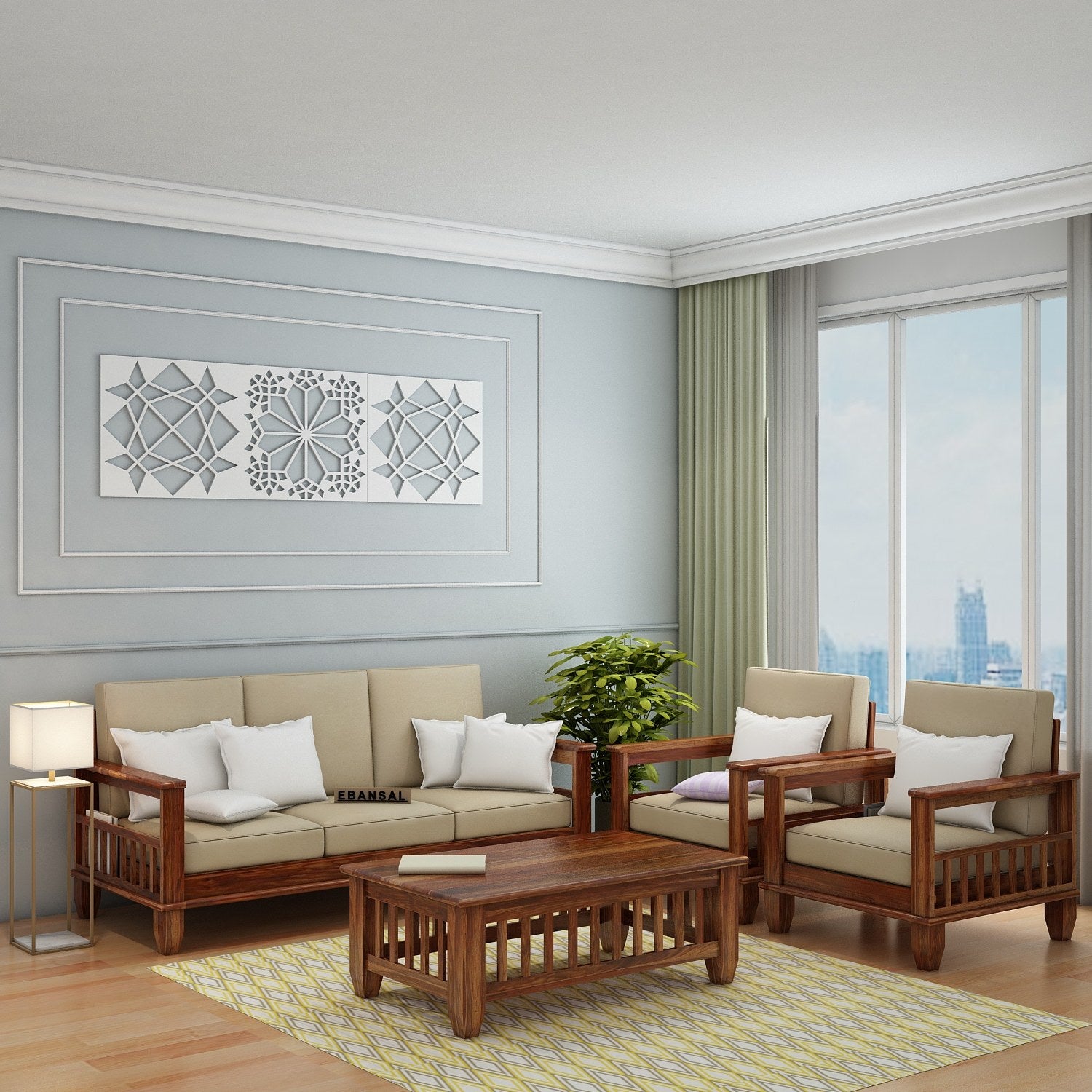 Trinity Solid Sheesham Wood 5 Seater Sofa Set With Coffee Table (3+1+1, Natural Finish)