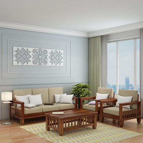 Trinity Solid Sheesham Wood 5 Seater Sofa Set With Coffee Table (3+1+1, Natural Finish)