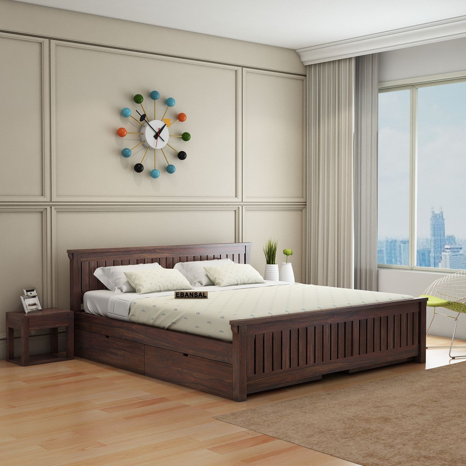 Trinity Solid Sheesham Wood Bed With Four Drawers (Queen Size, Walnut Finish)