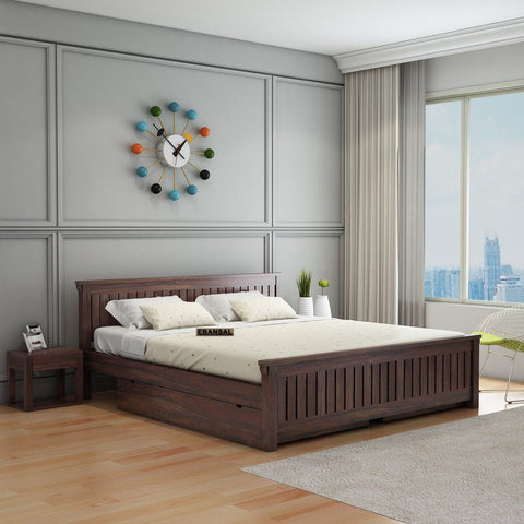 Trinity Solid Sheesham Wood Bed With Two Drawers (Queen Size, Walnut Finish)