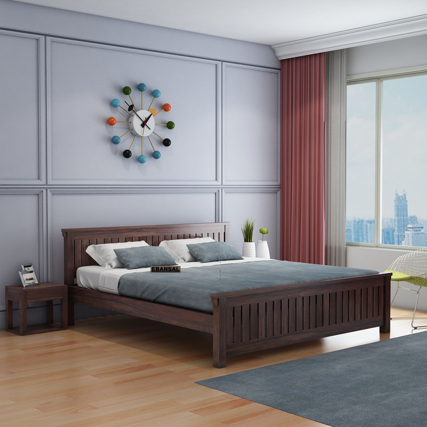 Trinity Solid Sheesham Wood Bed Without Storage (King Size, Walnut Finish)