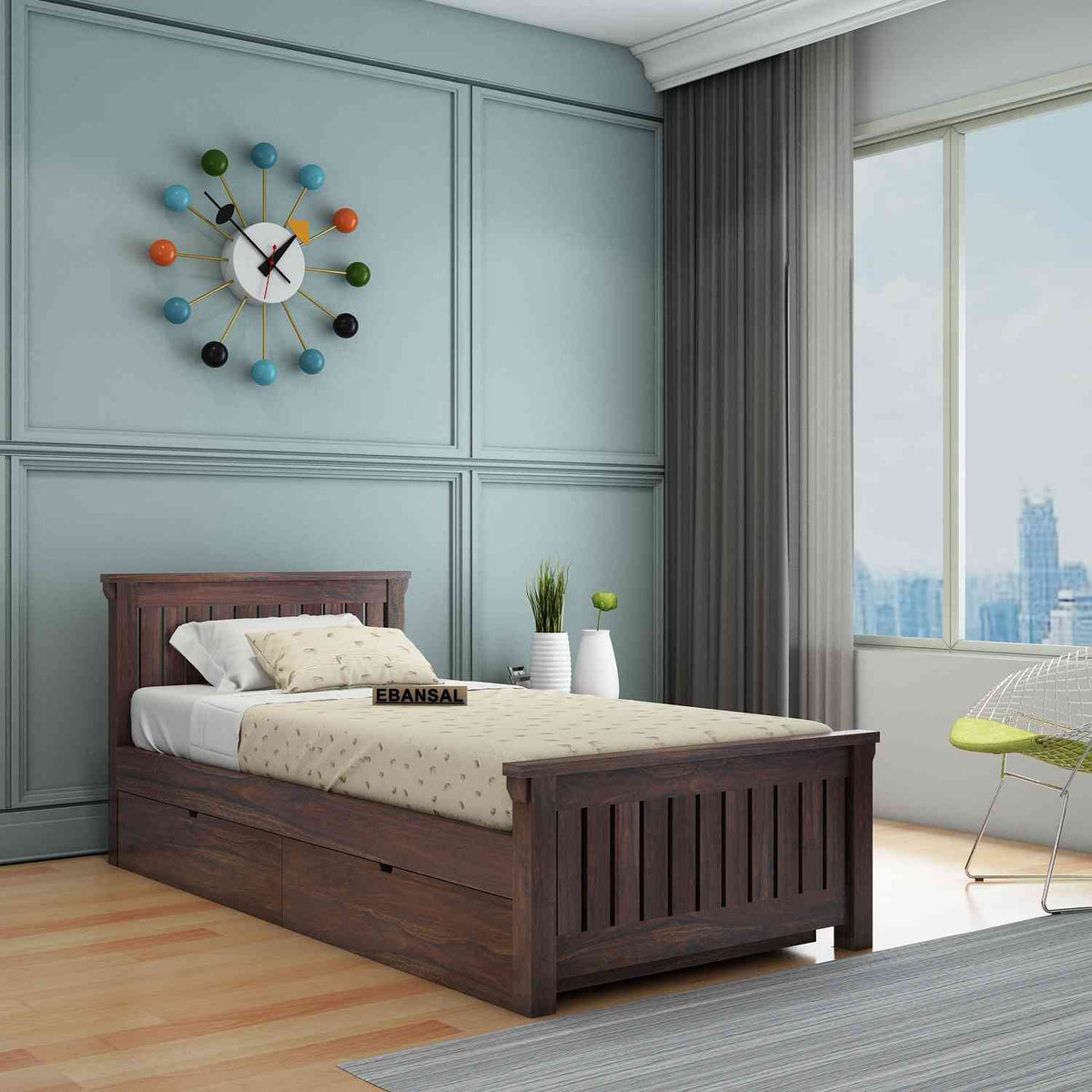 Trinity Solid Sheesham Wood Single Bed With Two Drawers (Walnut Finish)