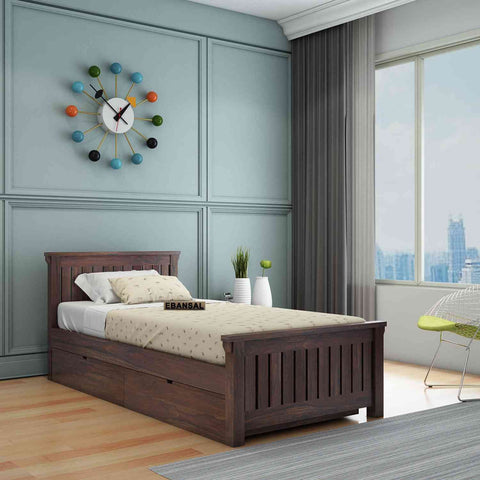 Trinity Solid Sheesham Wood Single Bed With Two Drawers (Walnut Finish)