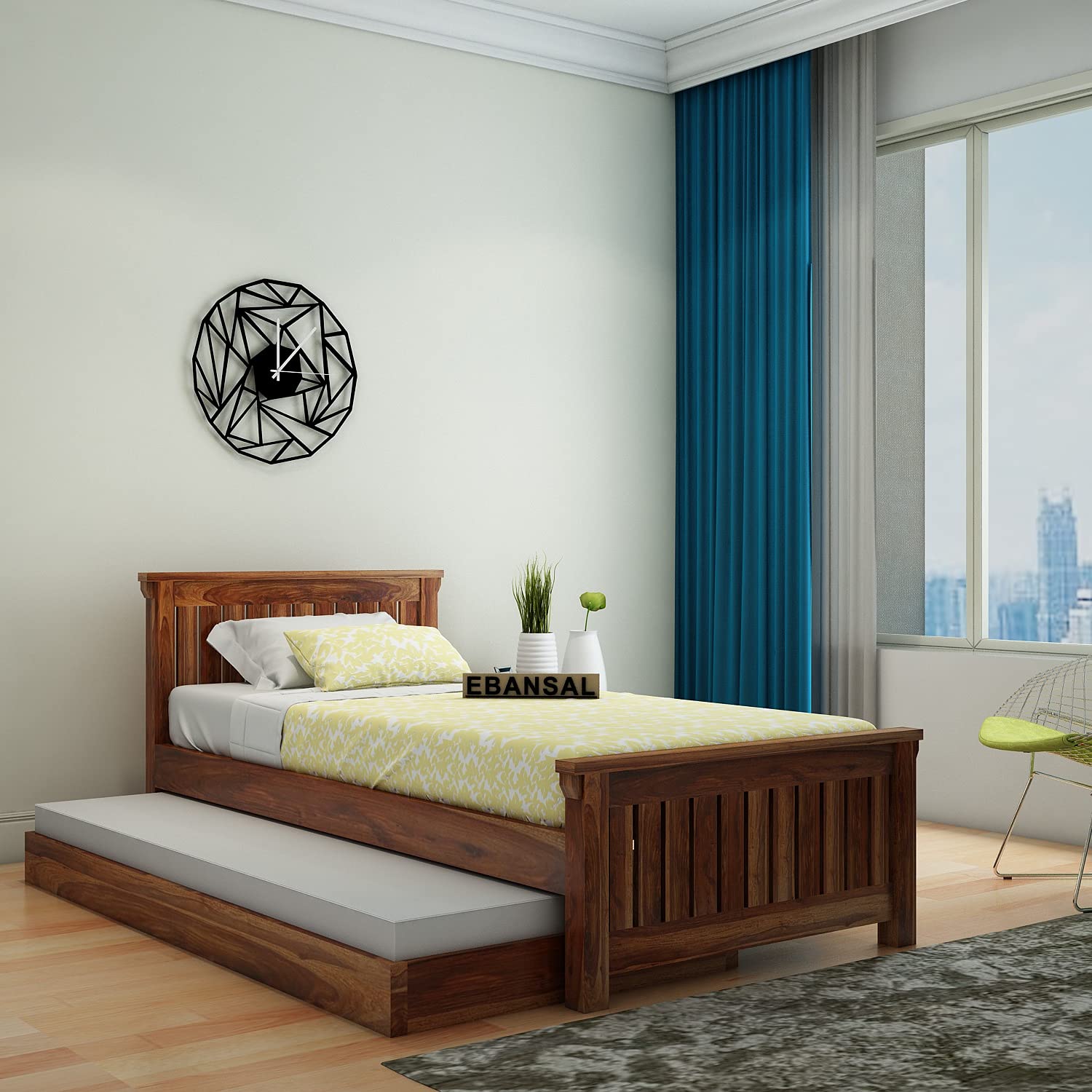 Trinity Solid Sheesham Wood Trundle Bed (Natural Finish)