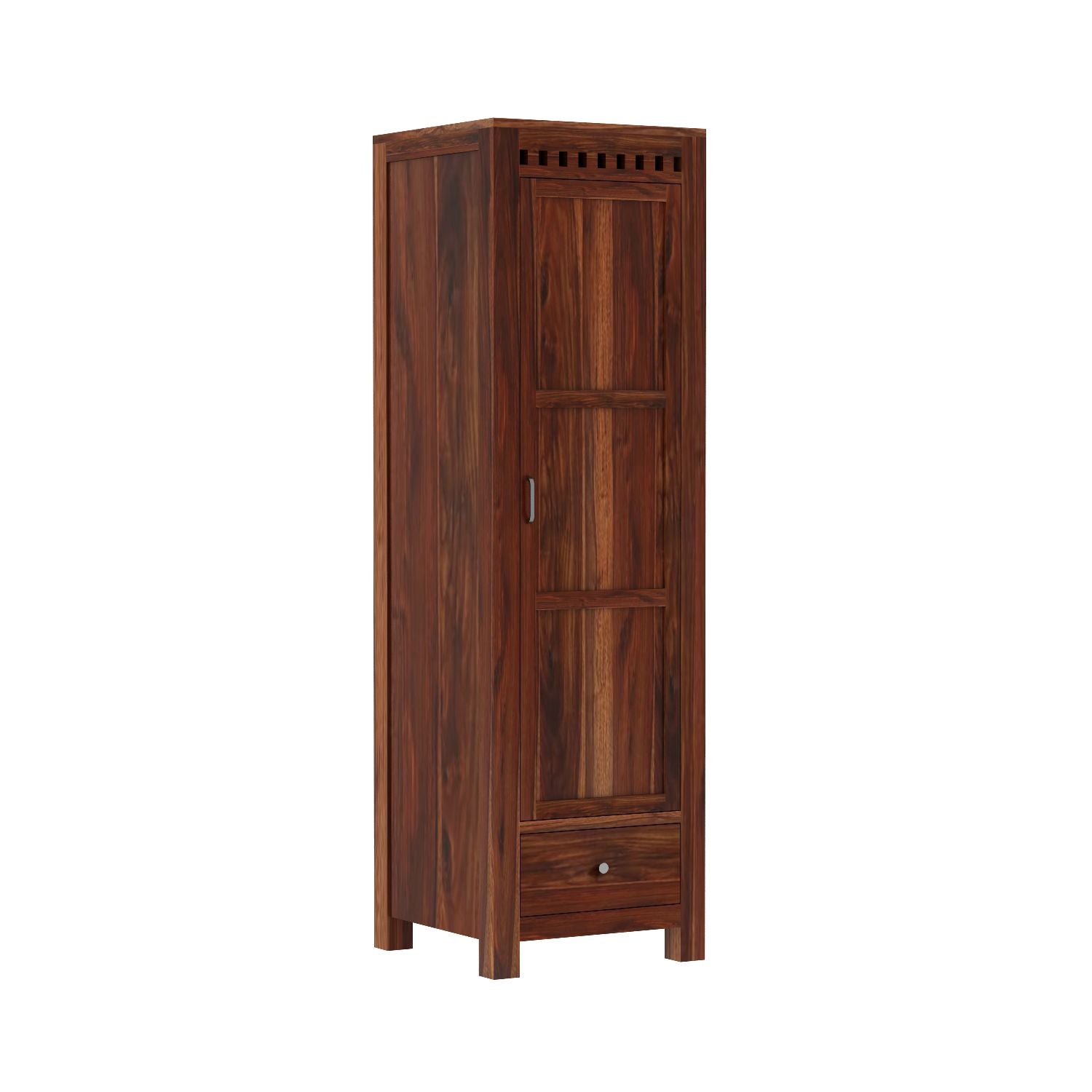 Amer Solid Sheesham Wood Single Door Wardrobe With One Drawer (Natural Finish)