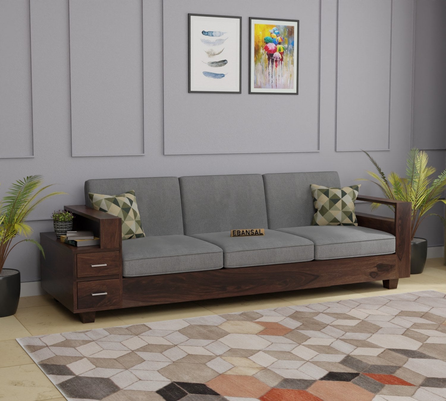 Woodora Solid Sheesham Wood 3 Seater Sofa (Walnut Finish)
