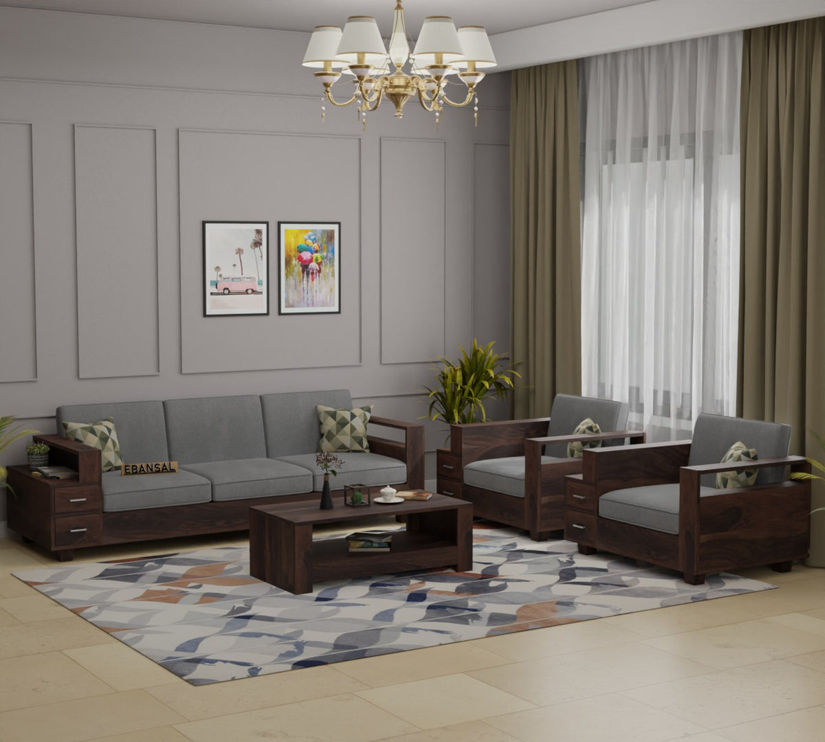 Woodora Solid Sheesham Wood 5 Seater Sofa Set  (3+1+1, Walnut Finish)