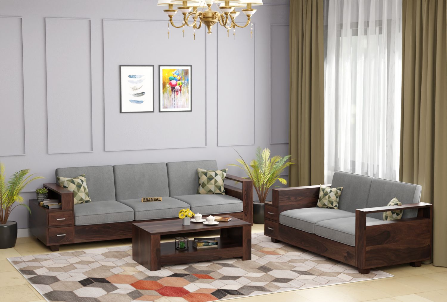 Woodora Solid Sheesham Wood 5 Seater Sofa Set  (3+2, Walnut Finish)