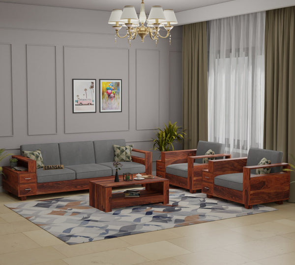 Woodora Solid Sheesham Wood 5 Seater Sofa Set With Coffee Table (3+1+1, Natural Finish)