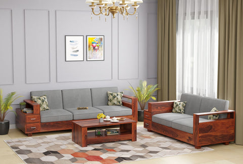 Woodora Solid Sheesham Wood 5 Seater Sofa Set With Coffee Table (3+2, Natural Finish)