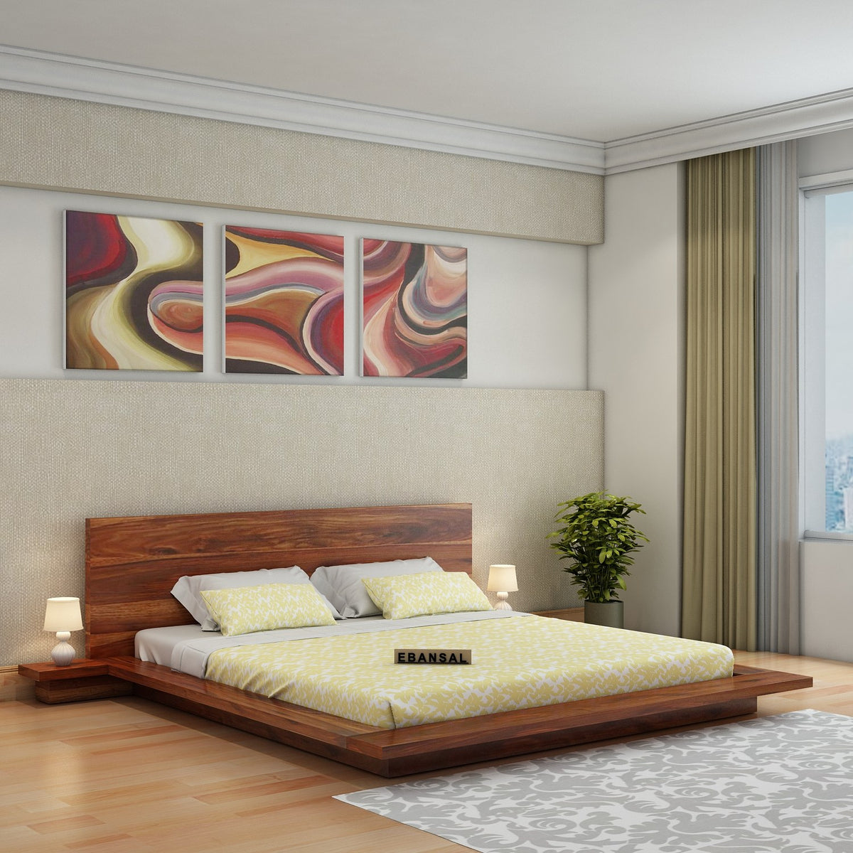 Woodora Solid Sheesham Wood Bed With Bedside Tables (Queen Size, Natural Finish)