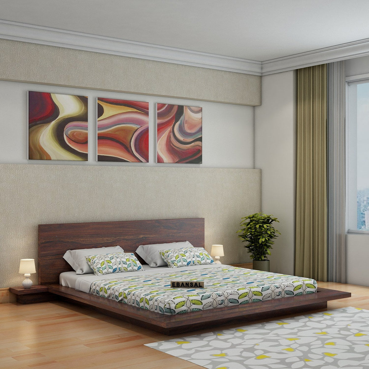 Woodora Solid Sheesham Wood Bed With Bedside Tables (Queen Size, Walnut Finish)