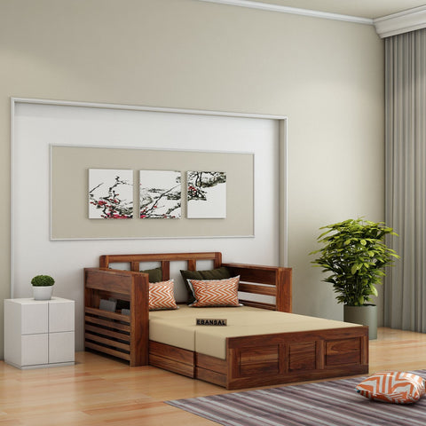 Woodwing Solid Sheesham Wood 2 Seater Sofa Cum Bed With Storage (Natural Finish)
