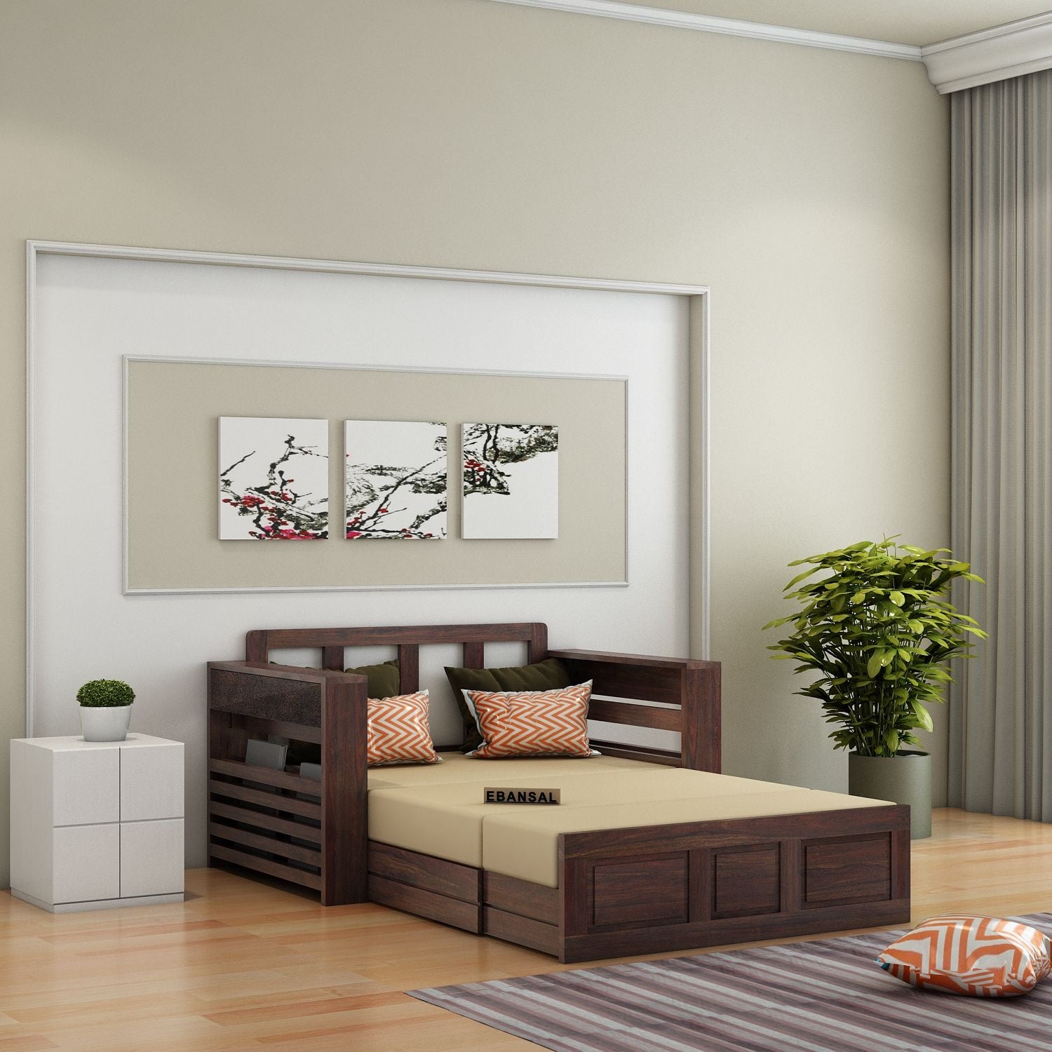 Woodwing Solid Sheesham Wood 2 Seater Sofa Cum Bed With Storage (Walnut Finish)