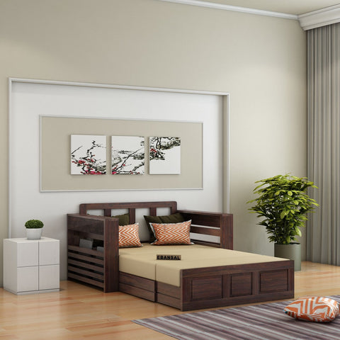 Woodwing Solid Sheesham Wood 2 Seater Sofa Cum Bed With Storage (Walnut Finish)