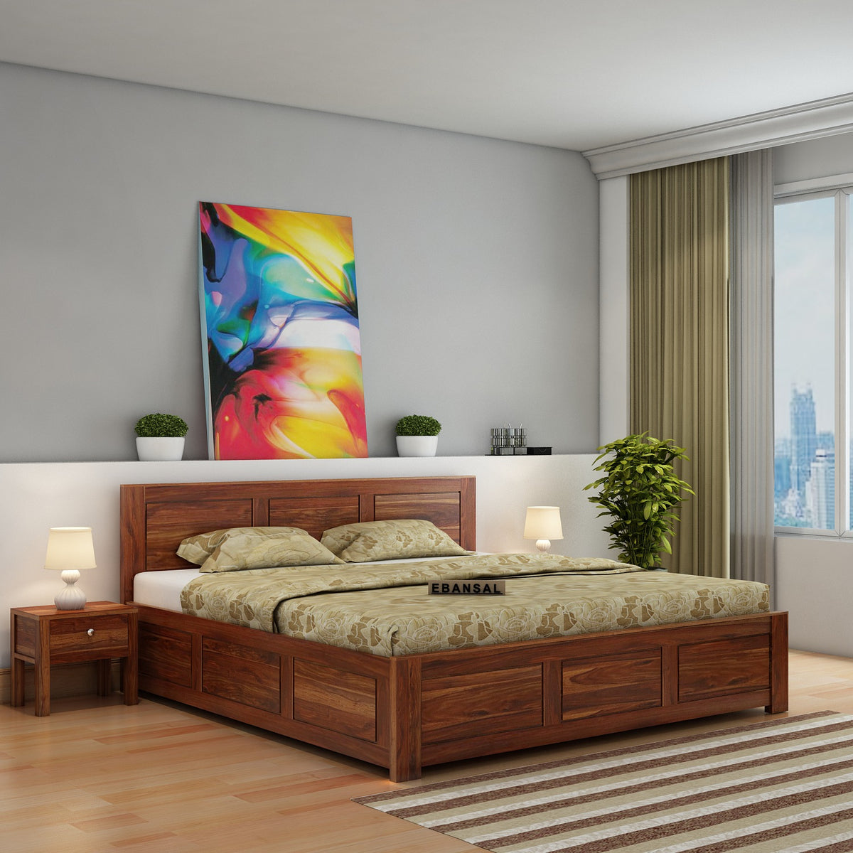 Woodwing Solid Sheesham Wood Bed With Box Storage (King Size, Natural Finish)