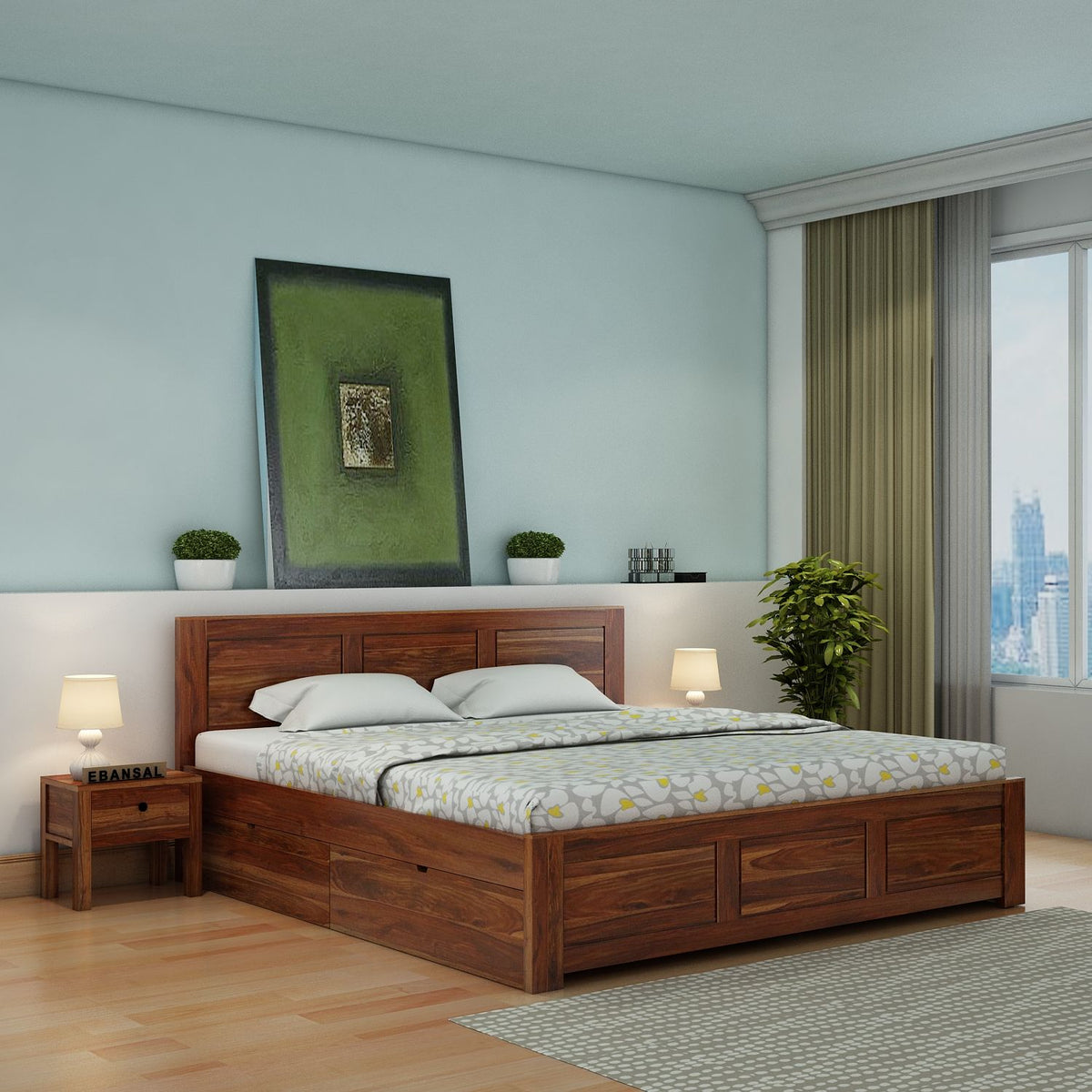 Woodwing Solid Sheesham Wood Bed With Four Drawers (King Size, Natural Finish)