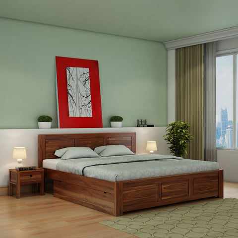 Woodwing Solid Sheesham Wood Bed With Two Drawers (King Size, Natural Finish)