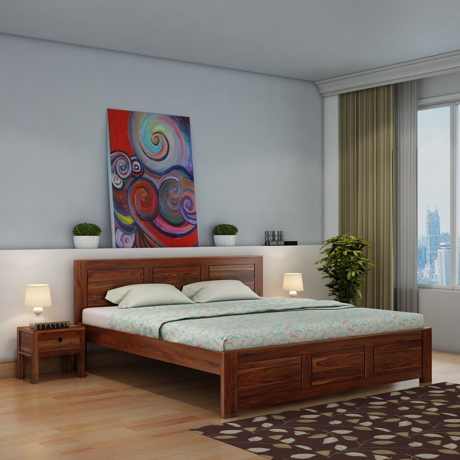 Woodwing Solid Sheesham Wood Bed Without Storage (Queen Size, Natural Finish)