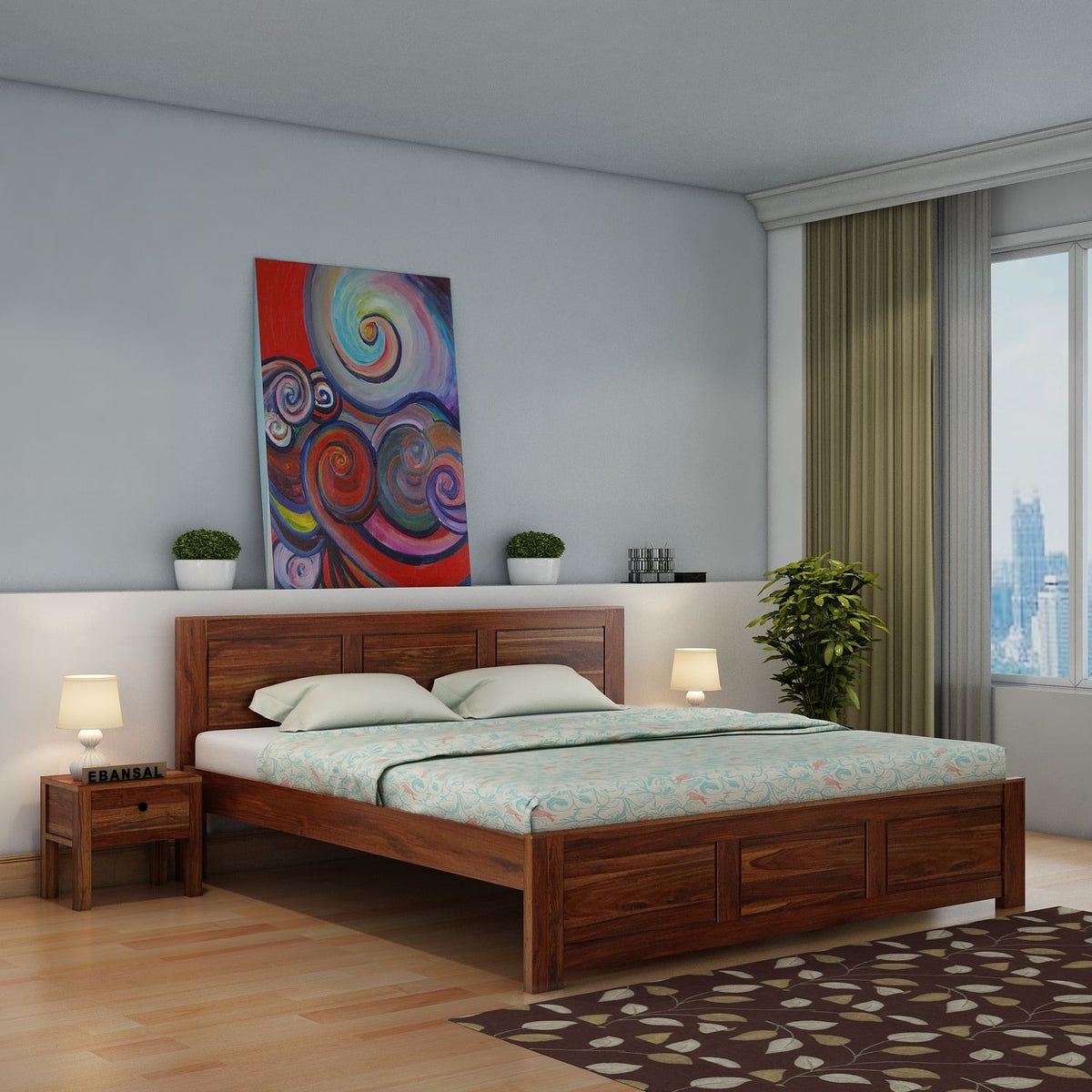 Woodwing Solid Sheesham Wood Bed Without Storage (Queen Size, Natural Finish)