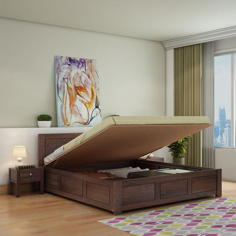 Woodwing Solid Sheesham Wood Hydraulic Bed With Box Storage (King Size, Walnut Finish)