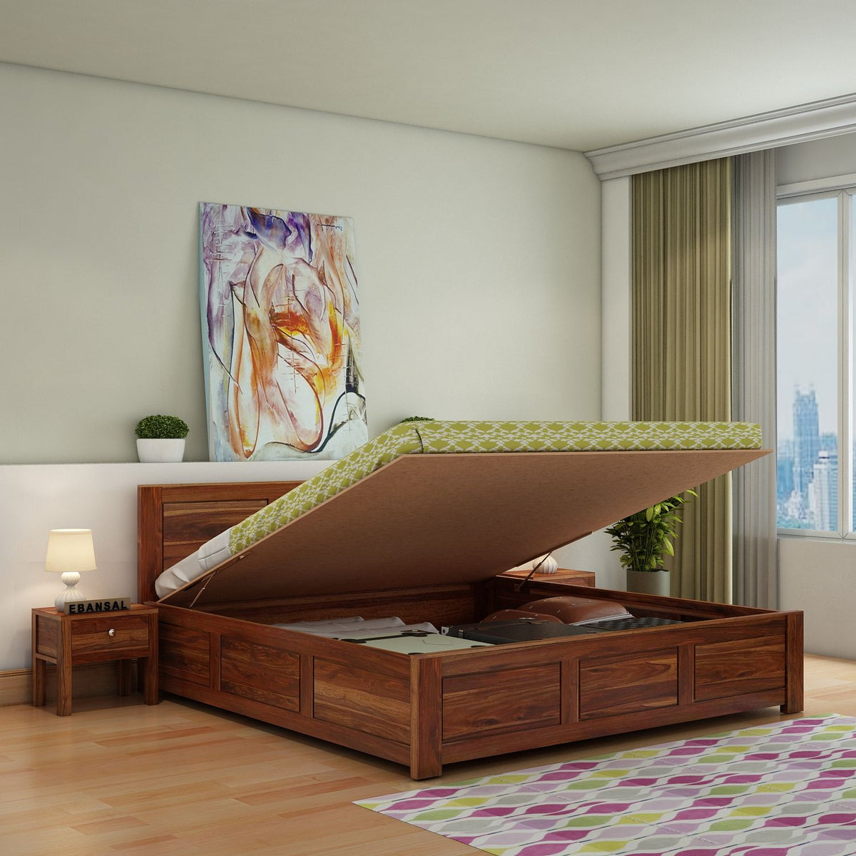 Woodwing Solid Sheesham Wood Hydraulic Bed With Box Storage (Queen Size, Natural Finish)