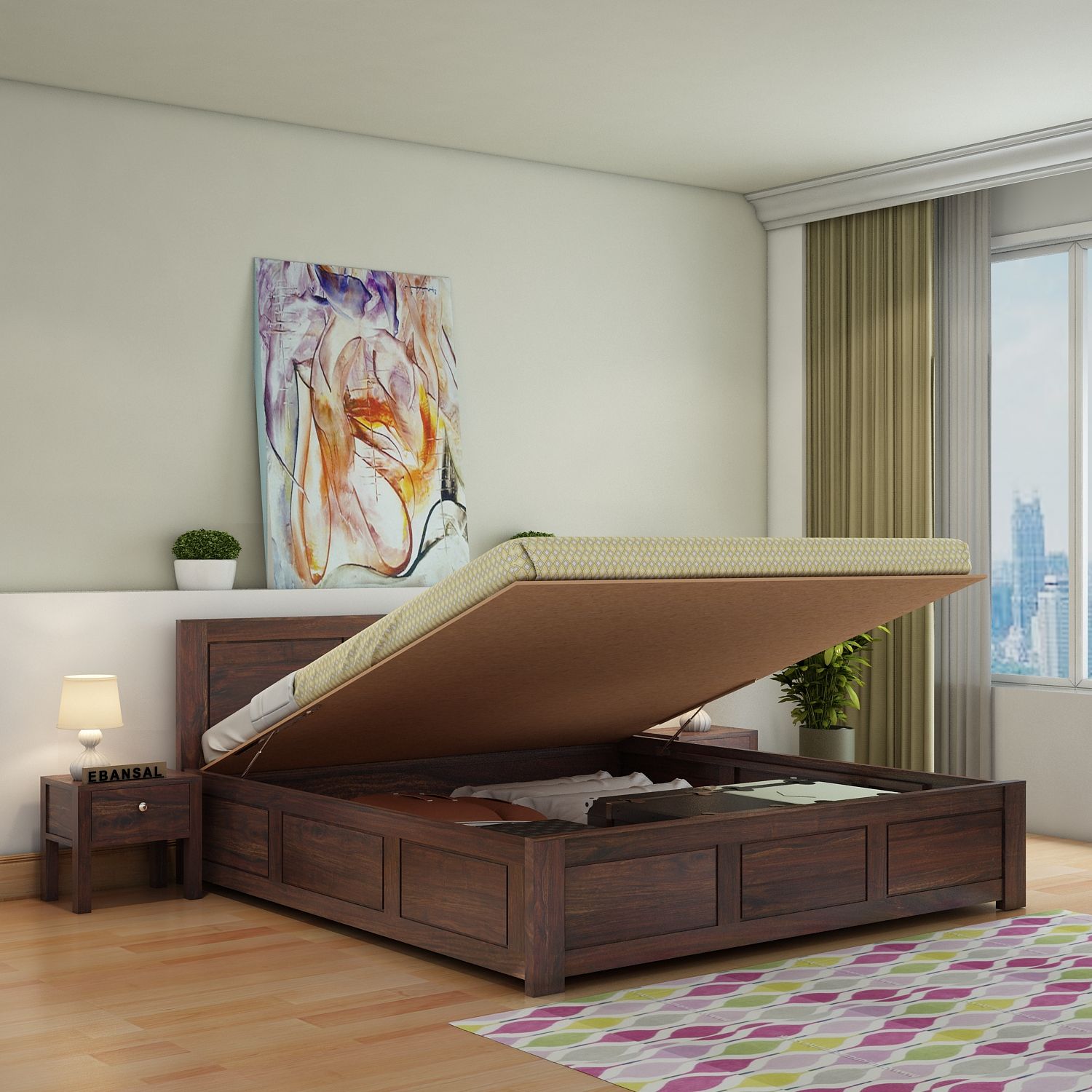 Woodwing Solid Sheesham Wood Hydraulic Bed With Box Storage (Queen Size, Walnut Finish)