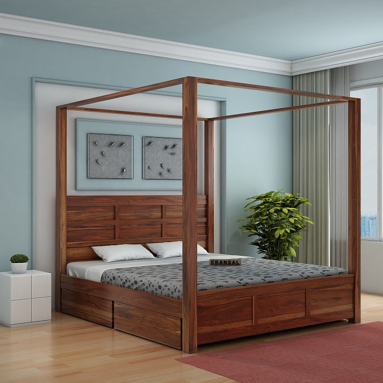 Woodwing Solid Sheesham Wood Poster Bed With Four Drawers (Queen Size, Natural Finish)