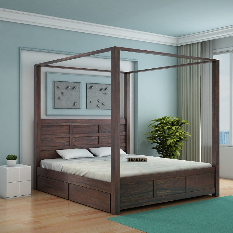 Woodwing Solid Sheesham Wood Poster Bed With Four Drawers (Queen Size, Walnut Finish)